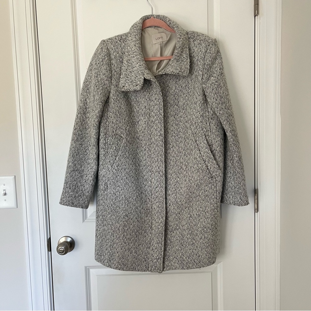 Loft Gray Herringbone Pattern Zip Up Coat With Po… - image 2